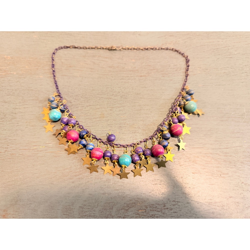 Vintage Celestial Star Charm Necklace Multi Color Wood Bead Boho Gold Tone 22 In
